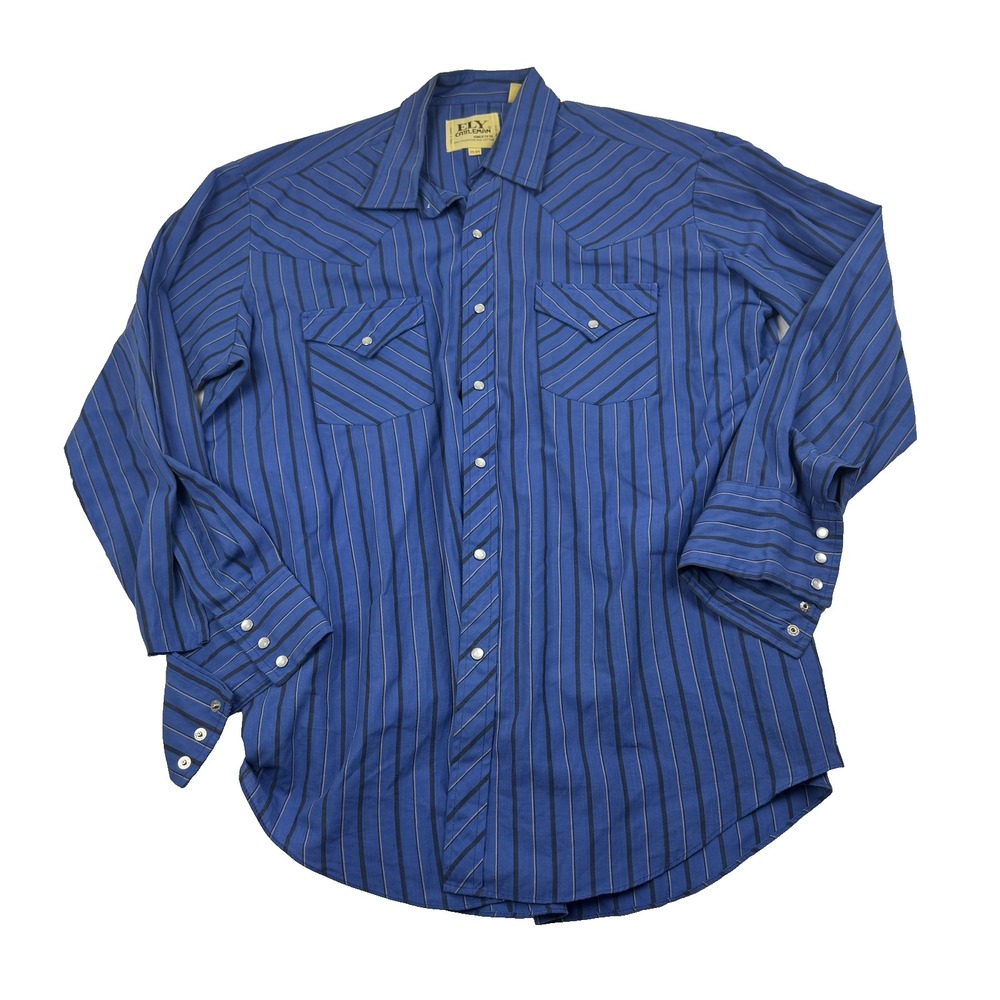 Vintage Ely Cattleman Shirt Mens 17-34 Blue Striped Western Pearl Snap 80s Rodeo